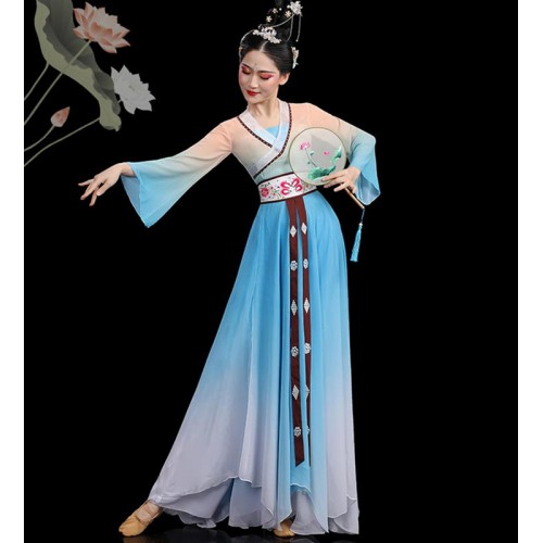 Women Girls Blue Gradient Chinese Folk Classical dance Costumes Ancient Hanfu Princess Fairy Dress female waterfall sleeves umbrella fan art exam dance suit